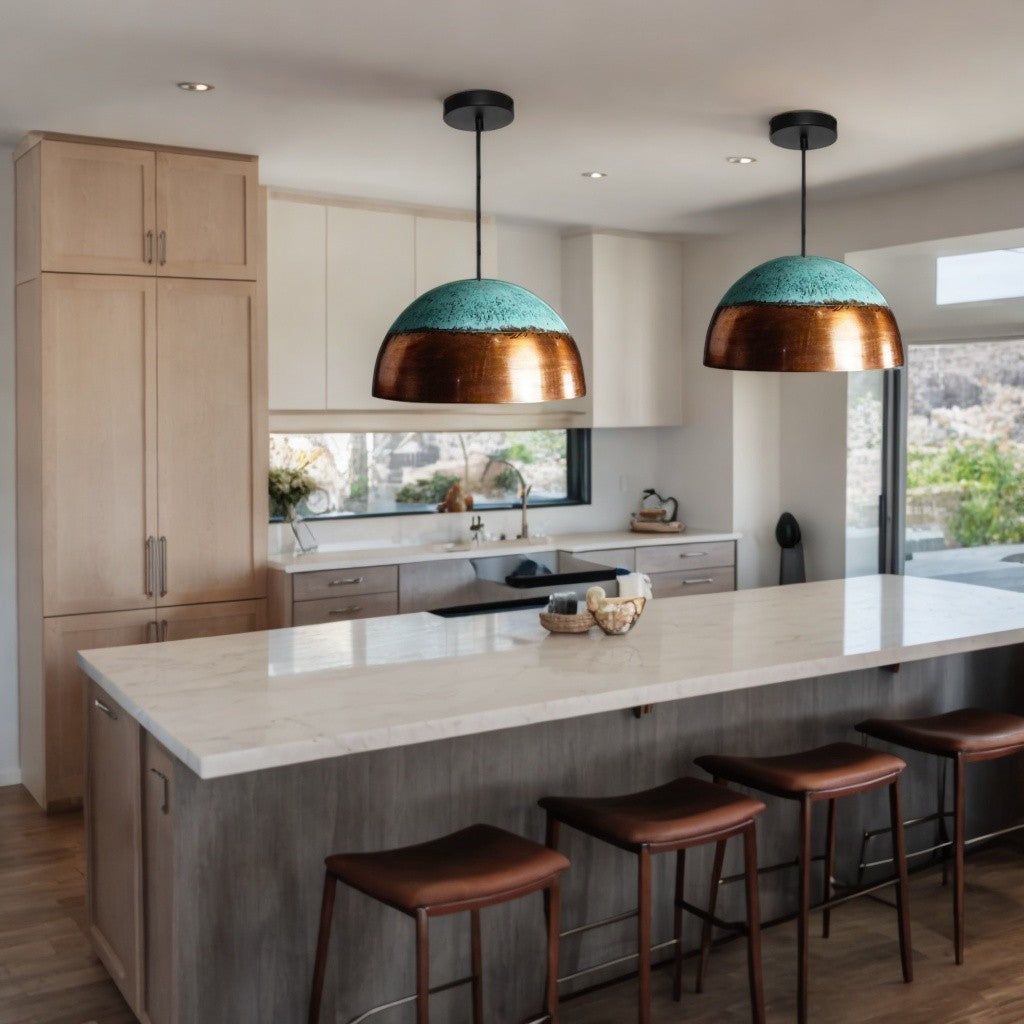 Set of 2 Green Patina Copper Pendant Light,  Oxidized Kitchen Lighting. - bohoprime